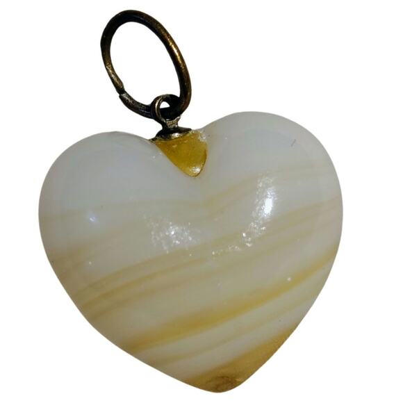 70s Vintage Heart Yellow White Marbled Agate Feels Like Glass Pendant Charm - Picture 1 of 3